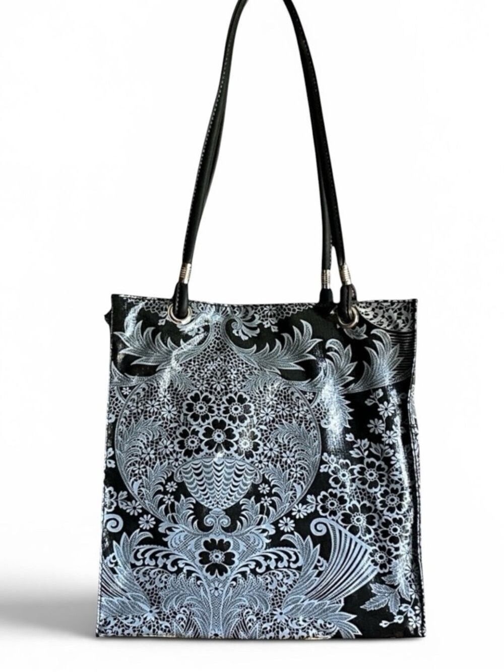 Fleebags Oilcloth Tote Bag in Gray and Black Damask Print